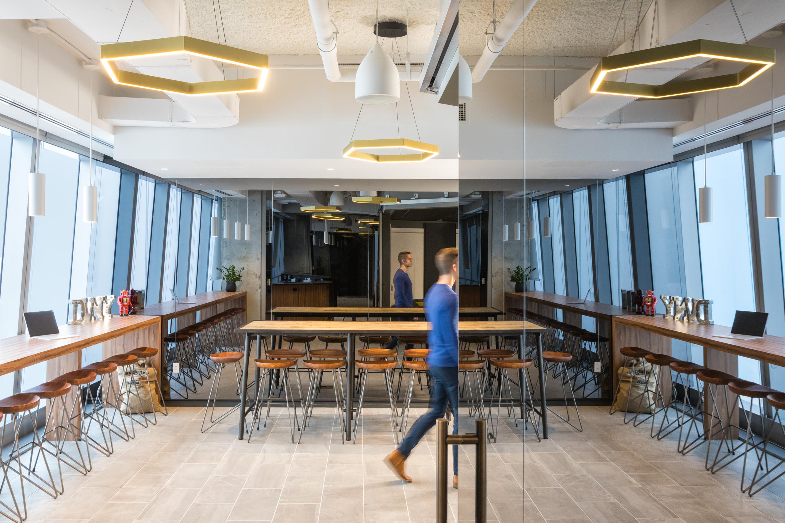 BCG Digital Ventures Hudson Yards town hall with hexagonal lighting.