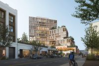 4th & S. Hewitt creative office campus with stepped terraces and public art in the Los Angeles Arts District.