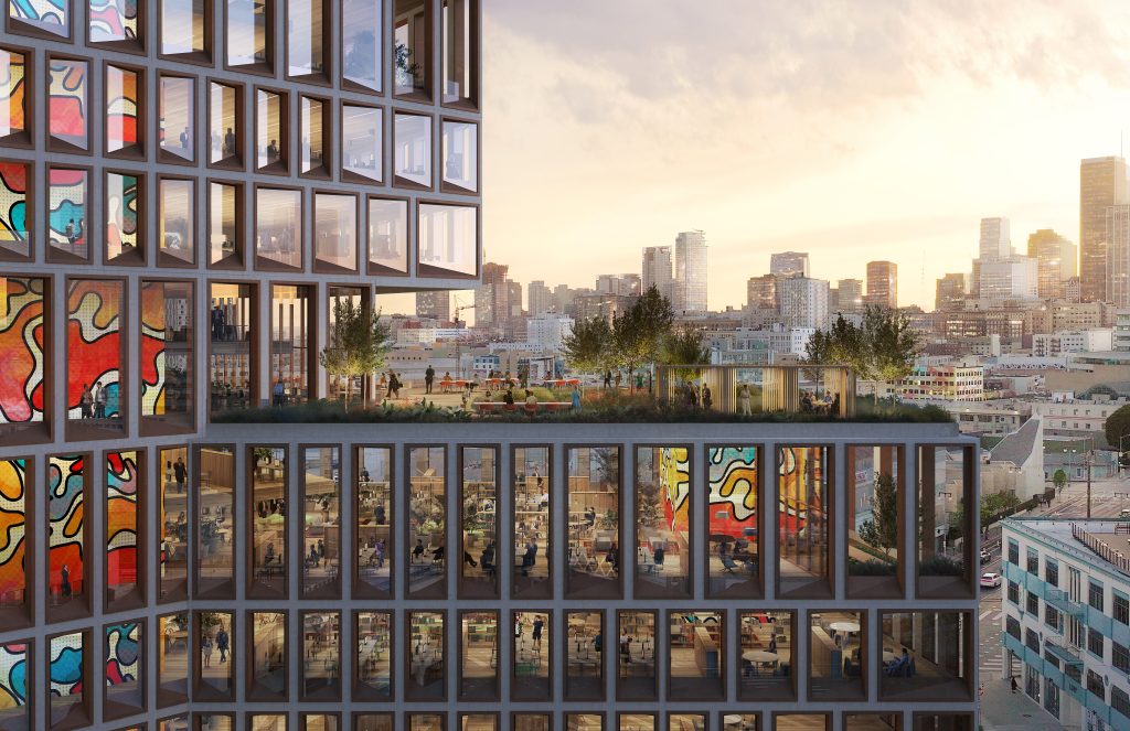 Architectural rendering of 4th & S. Hewitt’s rooftop terrace and creative office spaces overlooking Downtown Los Angeles.