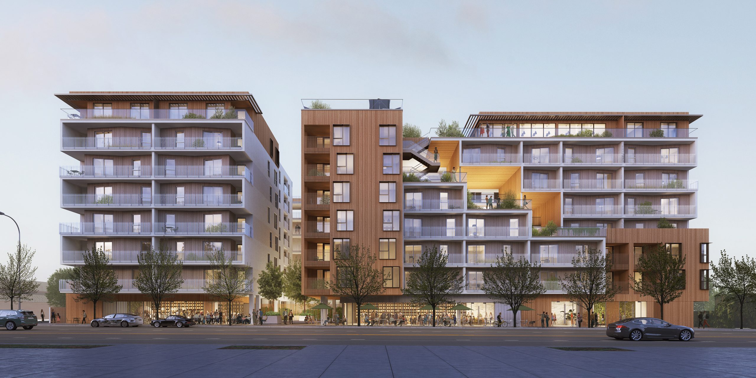 1527 Lincoln Boulevard with stepped terraces and ground-floor retail.