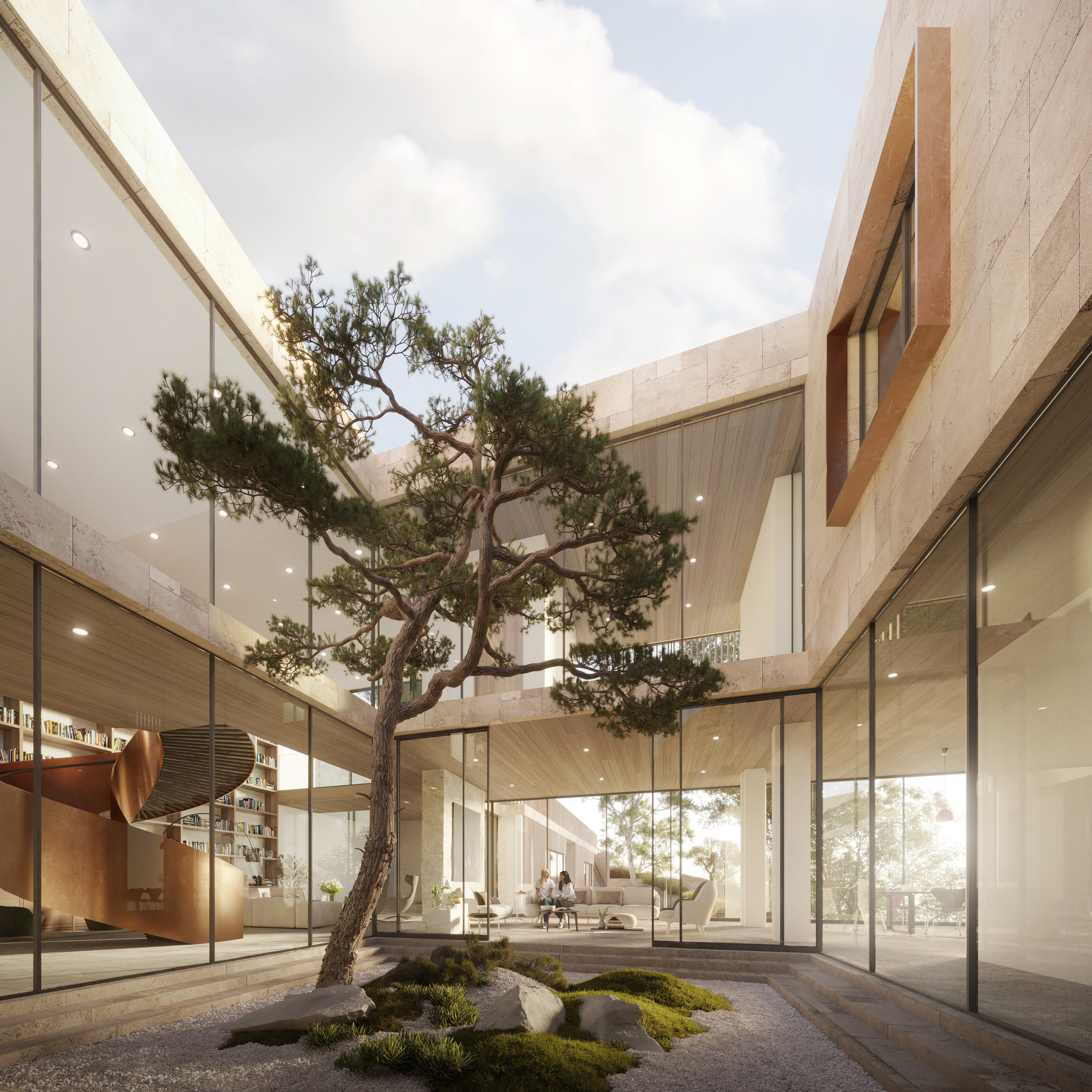 Mature tree inside a glass-walled residential courtyard.