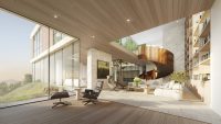 Double-height living room with glass walls and spiral staircase.