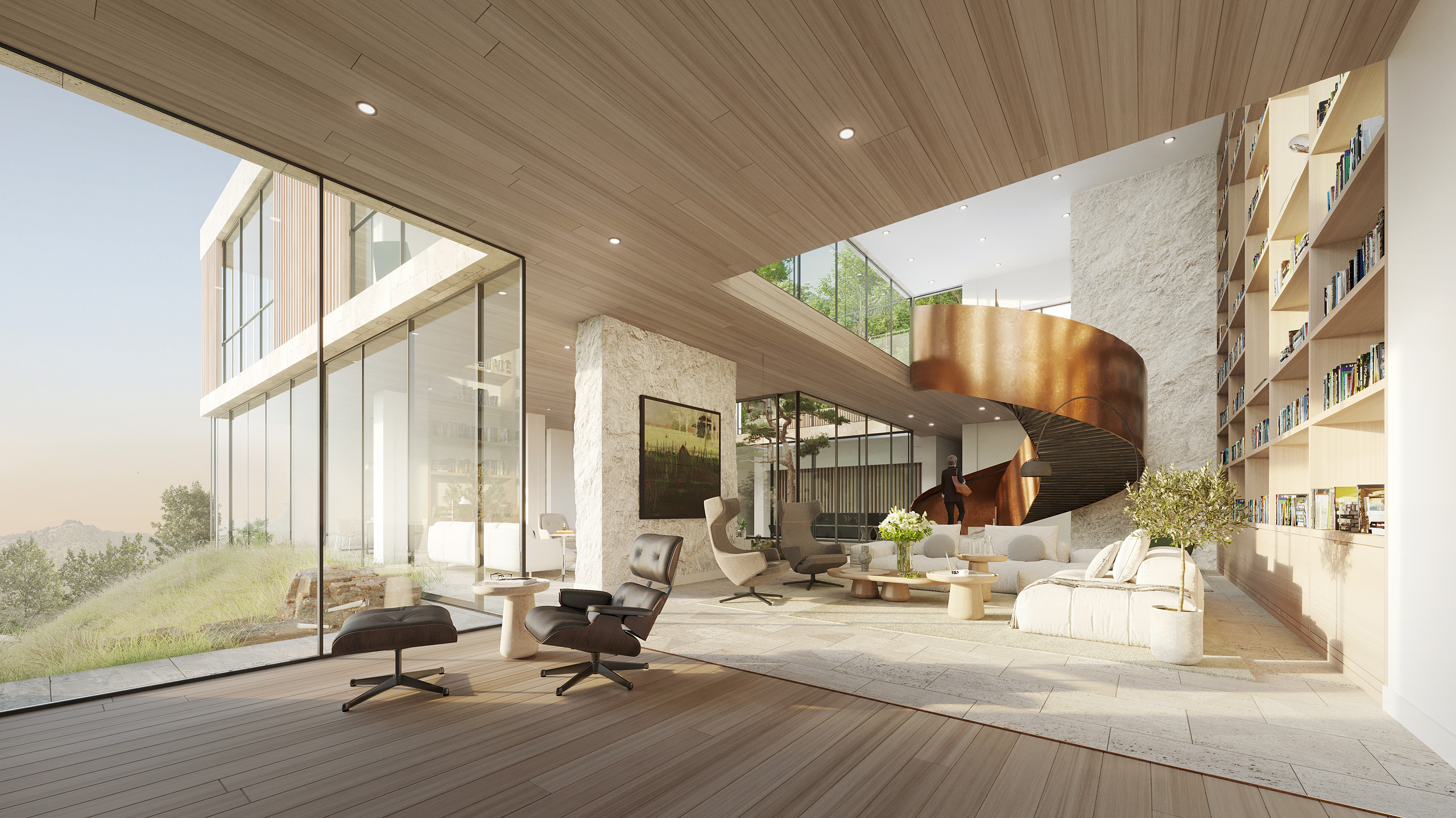 Double-height living room with glass walls and spiral staircase.