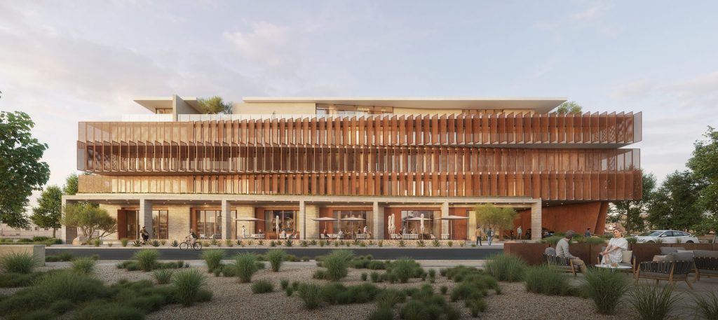 Front exterior rendering of the Sawmill Hotel by OFFICEUNTITLED, showcasing the layered timber façade, outdoor hospitality spaces, and contemporary hotel architecture.