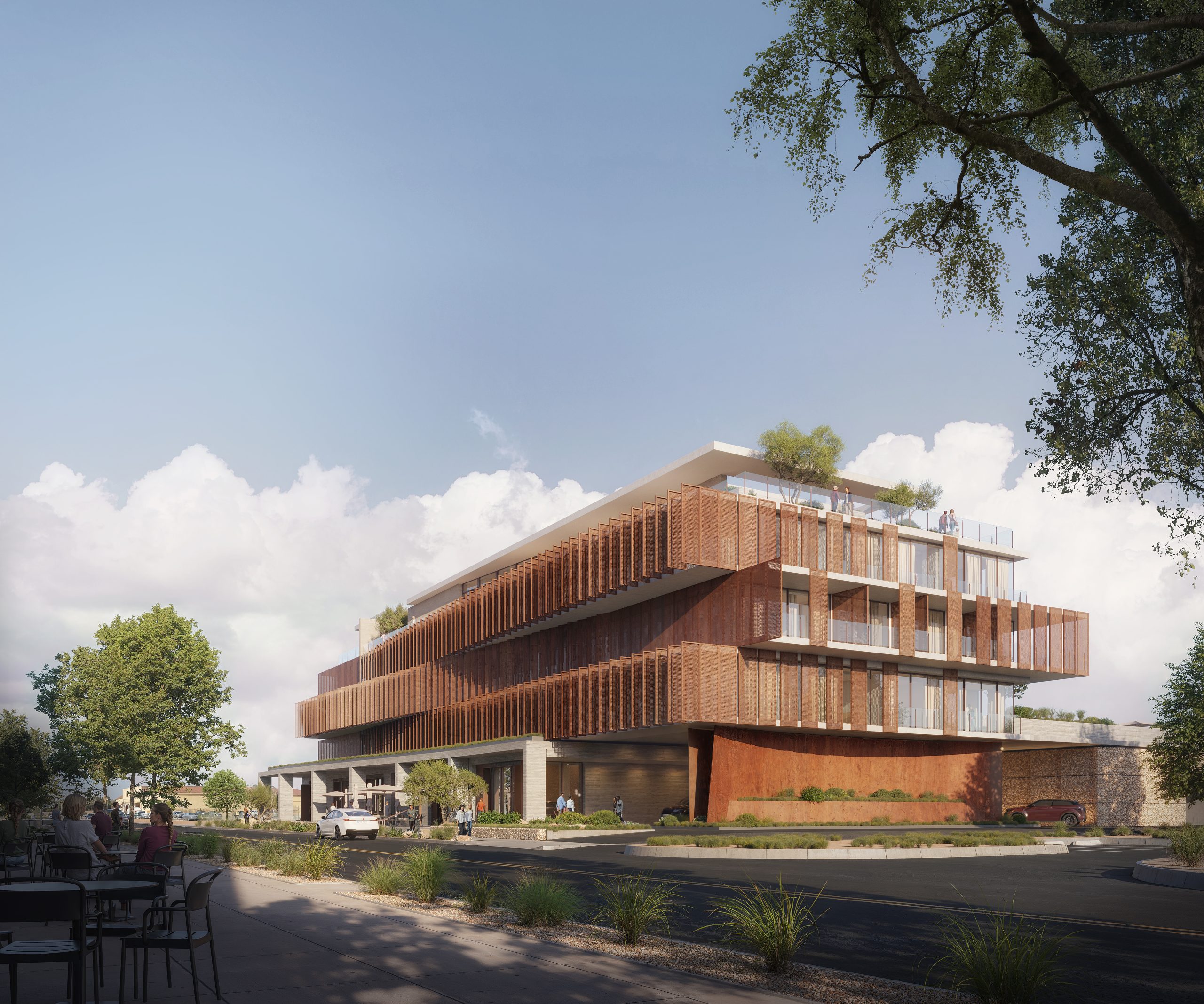 Corner exterior rendering of the Sawmill Hotel by OFFICEUNTITLED, featuring stacked terraces, screened balconies, rooftop gathering spaces, and a contemporary timber façade.
