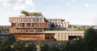 Exterior rendering of the Sawmill Hotel by OFFICEUNTITLED featuring stepped guest room terraces, rooftop amenities, and a layered climate-responsive façade in Albuquerque, New Mexico.