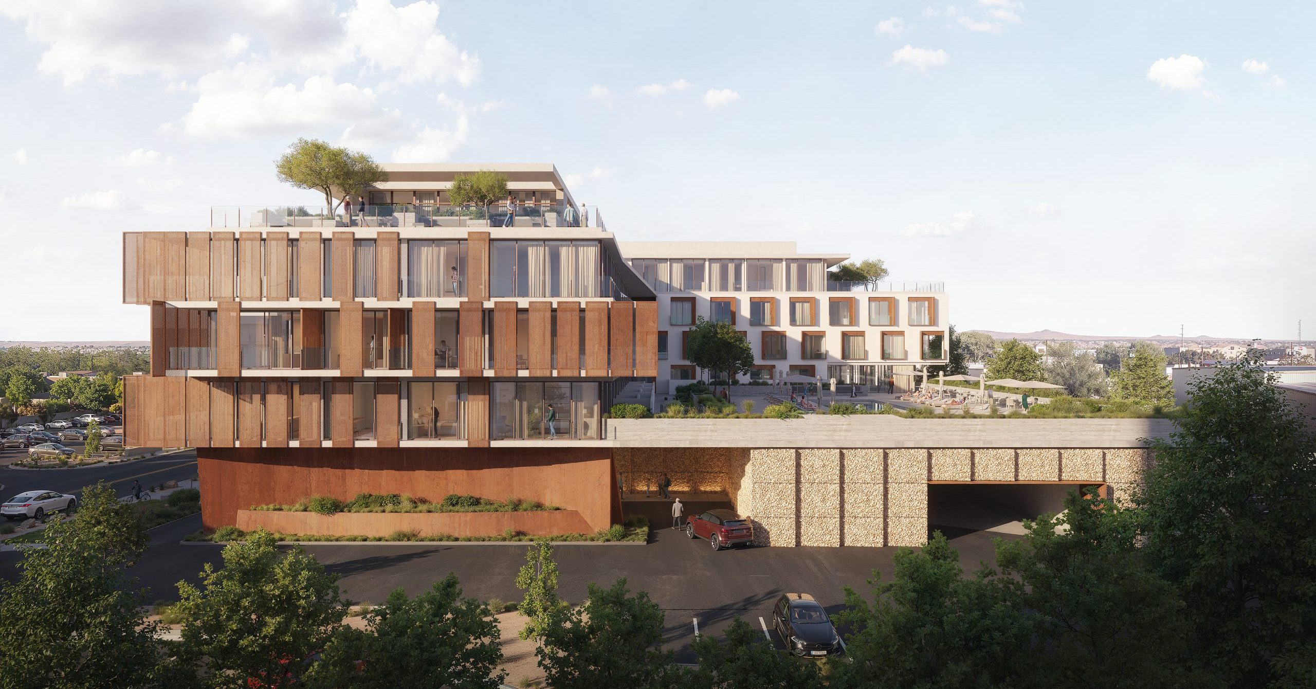 Exterior rendering of the Sawmill Hotel by OFFICEUNTITLED featuring stepped guest room terraces, rooftop amenities, and a layered climate-responsive façade in Albuquerque, New Mexico.