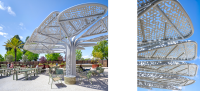 Two-image collage showcasing the campus commons beneath the custom perforated steel shade canopies alongside a close-up view of the canopy structure and perforated petal geometry.