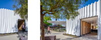 Two-image collage showcasing the amenity building's sculpted exterior skin alongside the interior restroom design overlooking the campus commons.
