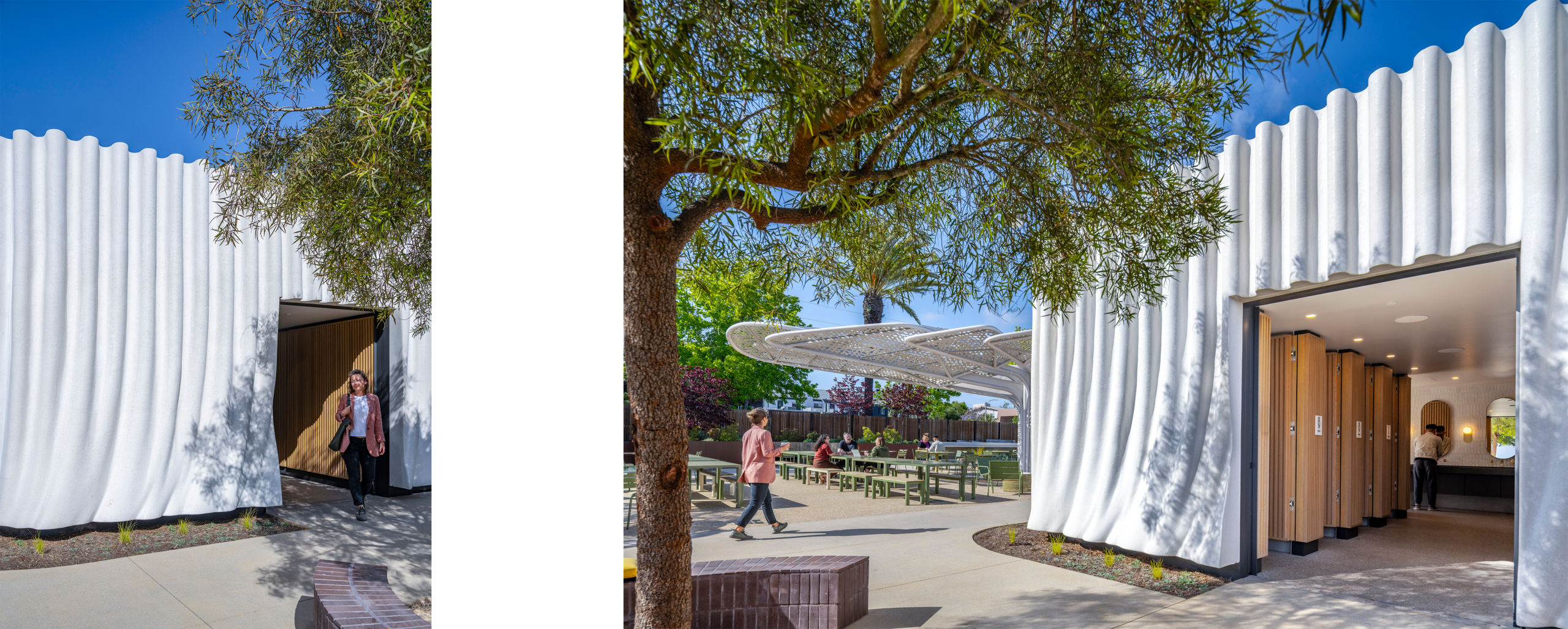Two-image collage showcasing the amenity building's sculpted exterior skin alongside the interior restroom design overlooking the campus commons.