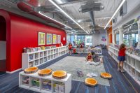 Children reading and browsing books in the colorful Village School library in Santa Monica.