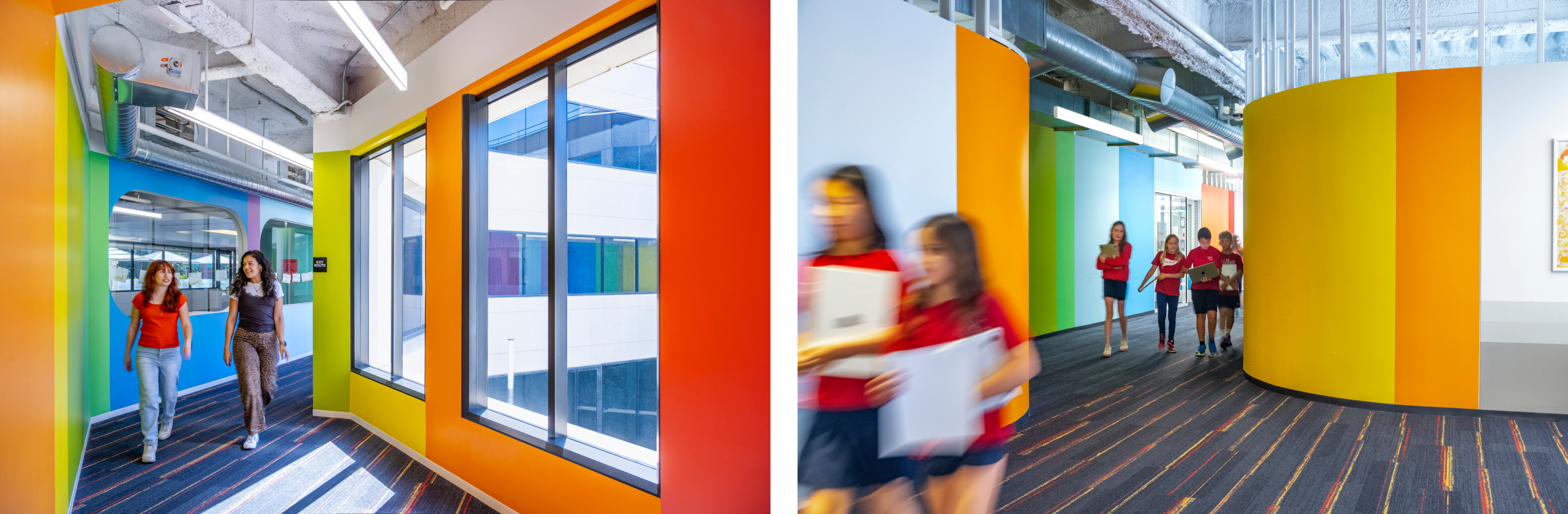 Two-image collage of teachers and students walking through colorful hallways at Village School in Santa Monica.Two-image collage of teachers and students walking through colorful hallways at Village School in Santa Monica.